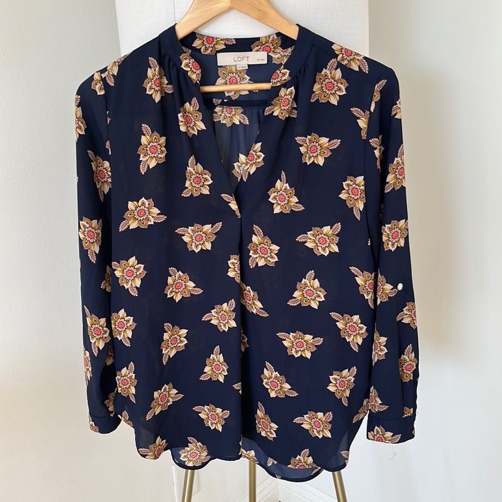 LOFT Navy Floral-Print V-Neck Long Sleeve Blouse